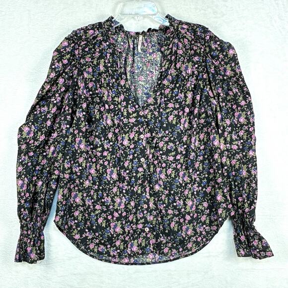 Free People Tops - Free People Top Womens S Black Pink Floral Shirt Cottage Boho Summer Western